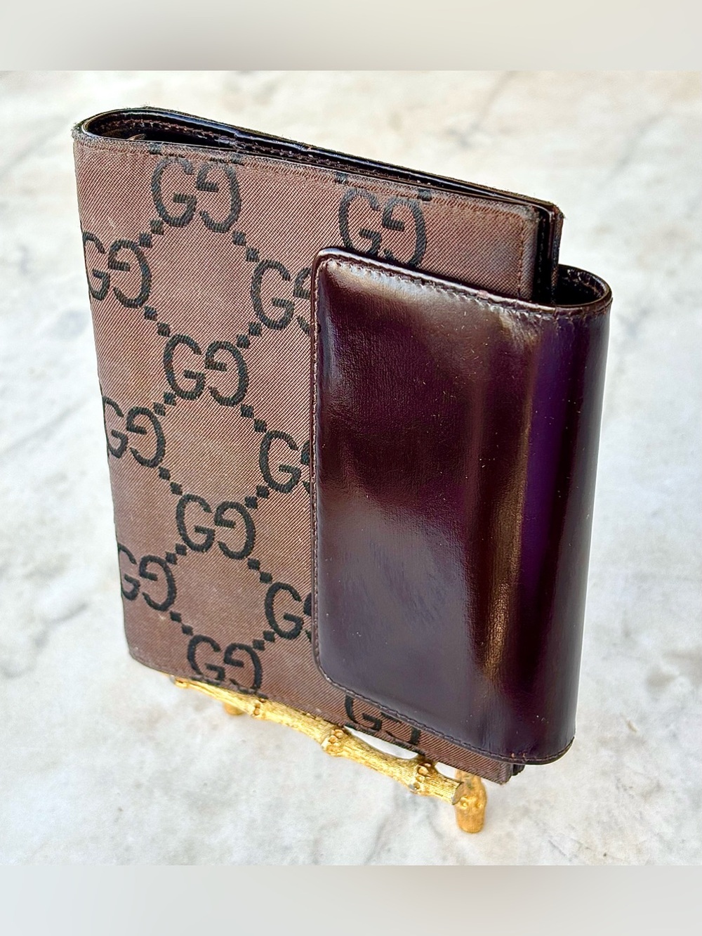 Gucci Brown GG Canvas & Dark Brown Leather 6 RING BINDER AGENDA PLANNER VINTAGE
